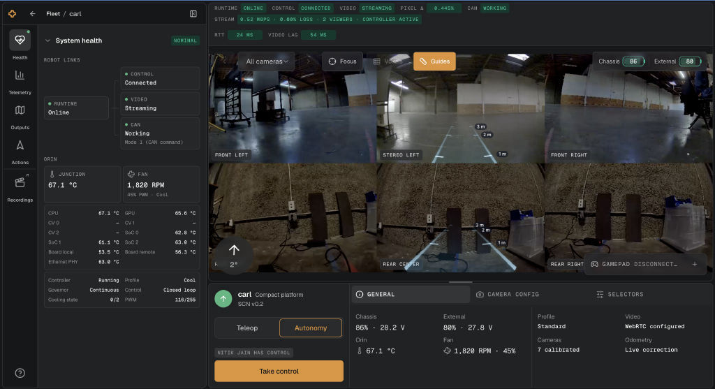 Fleet Ops dashboard showing robot health, live camera feeds, connection state, temperatures, battery levels, and control modes