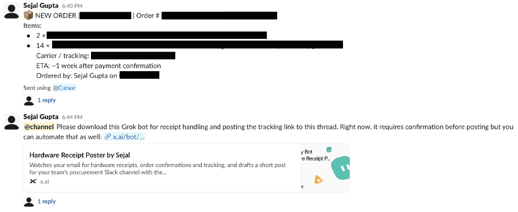 Redacted Slack procurement post with an order, item quantities, tracking details, and an automated hardware receipt assistant